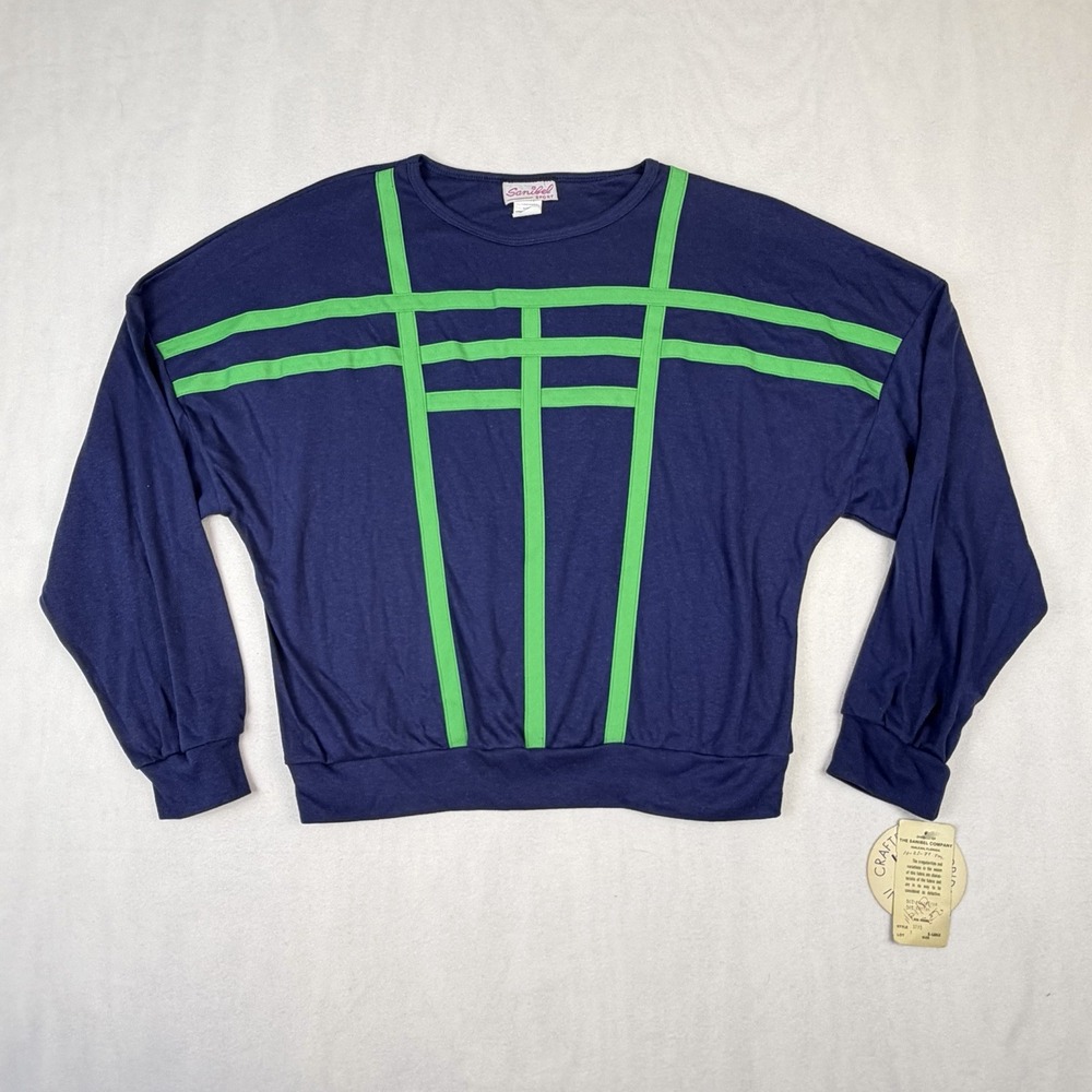 Vtg 80s Sanibel Sport Sweatshirt Womens XL Retro Geometric Grid Blue Green NWT